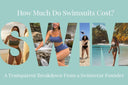 Graphic with the word swim spelled out in large letters, each filled with photos of women wearing swimsuits outdoors, including on the beach and near water. The image introduces an article about swimsuit pricing. 
