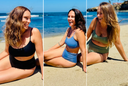Three women wearing eco-friendly, supportive bikinis from Vie Swimwear on the beach.
