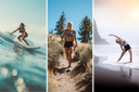 Three women wearing their Vie Swimwear bikinis in active settings. One is surfing, the second is running in a trail, and the third one is stretching on the beach.