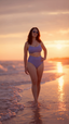 Woman wearing cornflower blue bikini top and high-waisted bottoms, walking on a beach at sunset.